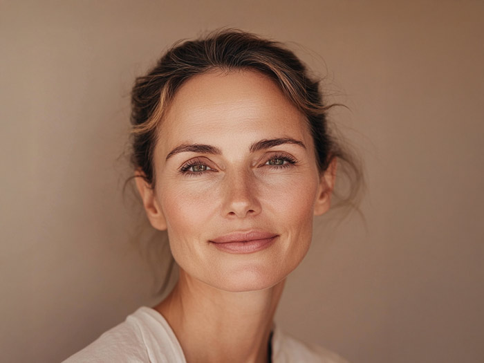 Eine wunderschöne Frau mit braunen Augen und makelloser Haut trägt ein weißes Hemd.